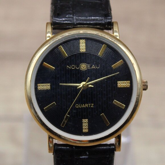 Vintage Noveau Watch Men Gold Tone Stainless Steel Classic Black Quartz Dial 90s - Picture 2 of 8
